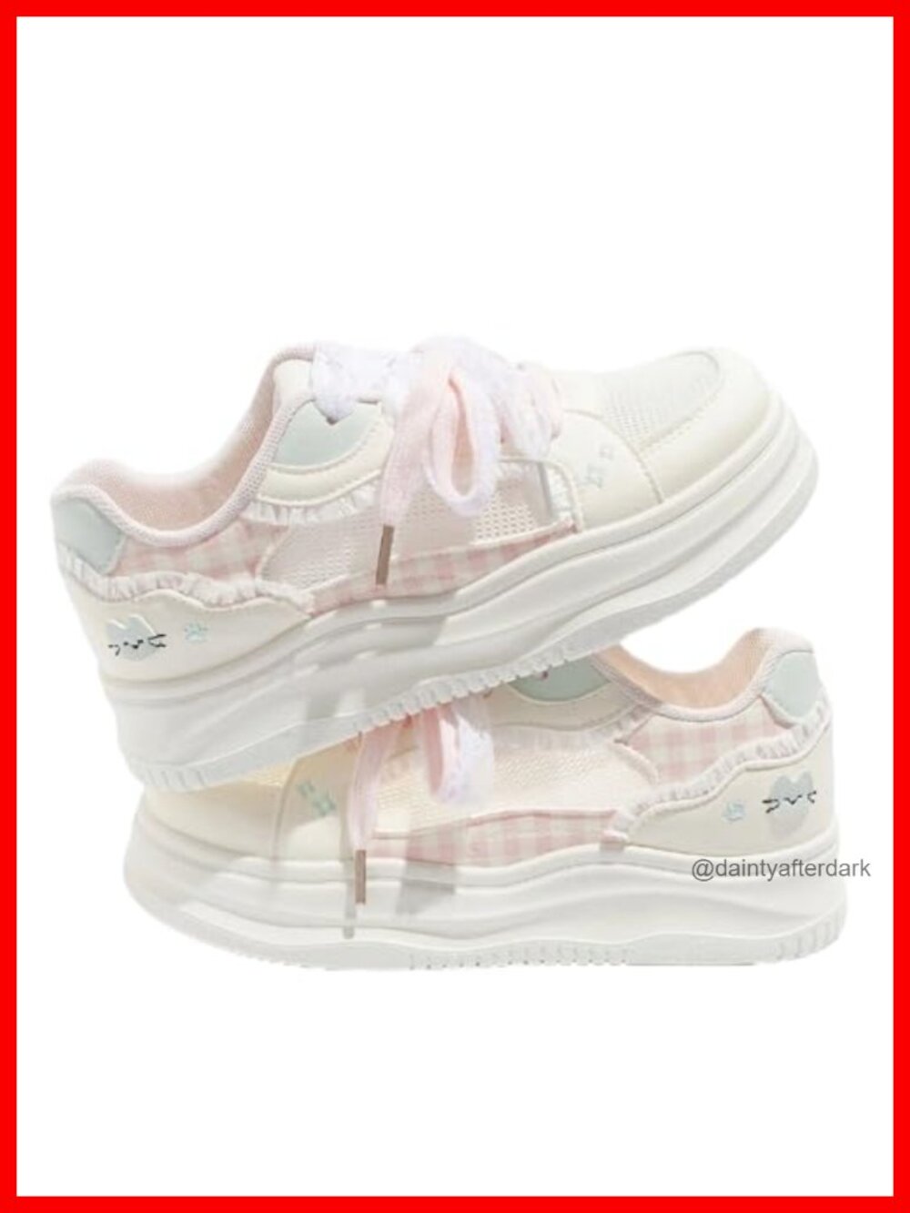 Women's Lace Bow Platform Sneakers with Gingham Cat Design